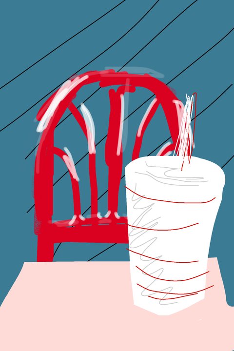 Joe Crawford's 2011 Brushes painting of a red chair and a paper cup, re-rendered from the original file