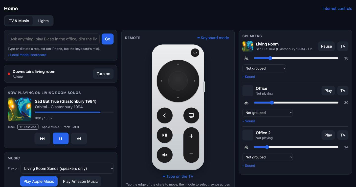 The Home page: a box to type or speak requests, an Orbital track from Glastonbury 1994 playing on the living-room Sonos with a Lossless tag, a remote laid out like the Apple TV's, and volume and grouping for three Sonos rooms