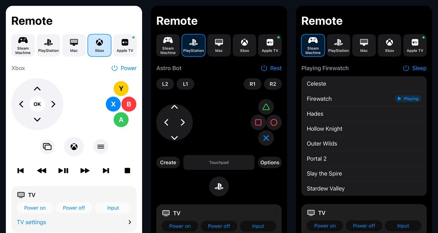 Three iPhone screens of the House app's Remote tab, each with tiles for Steam Machine, PlayStation, Mac, Xbox and Apple TV. In light mode, the Xbox remote with a d-pad, coloured A, B, X and Y buttons and media keys. In dark mode, the PlayStation remote with shoulder buttons, d-pad and face buttons, and the Steam Machine's list of installed games with Firewatch marked as playing. Each has the TV's power and input buttons underneath