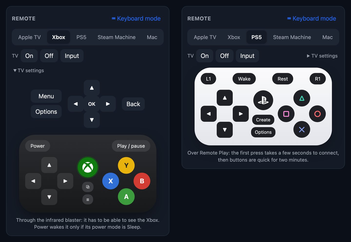 Two views of the web app's remote. A row of tabs for Apple TV, Xbox, PS5, Steam Machine and Mac sits above buttons for the TV's power, input and settings menu. The Xbox tab shows a dark controller-style pad with a d-pad, the Xbox button and coloured A, B, X and Y buttons; the PS5 tab shows a white pad with Wake, Rest, the PlayStation button and the triangle, circle, cross and square buttons