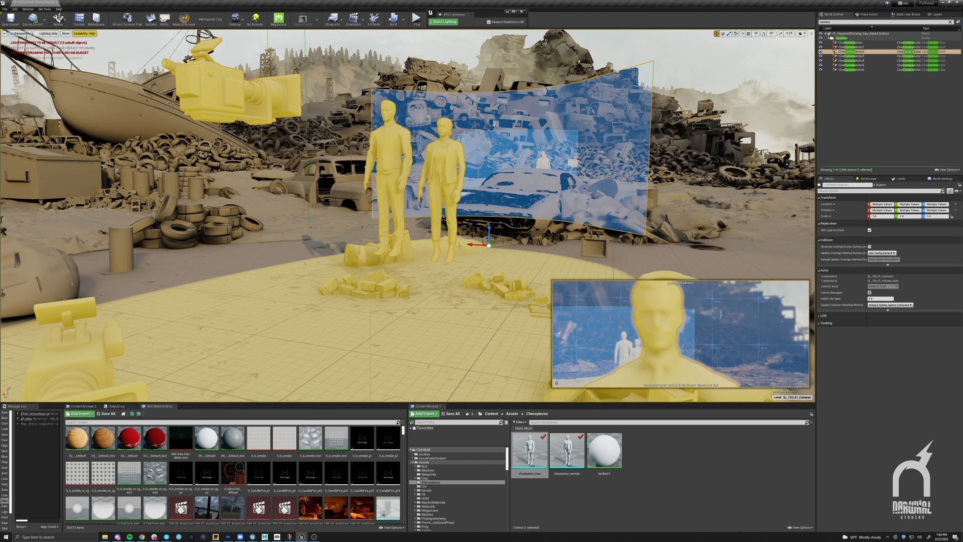 A virtual art department set in Unreal Engine: a junkyard environment with stand-in figures, a virtual camera and its preview