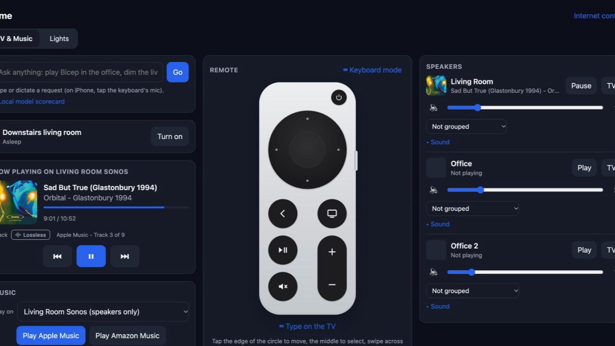 Our home control web app: a remote laid out like the Apple TV's, music playing on a Sonos speaker, and each room's volume