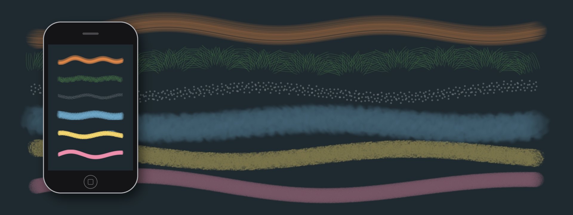 An original iPhone showing six strokes painted with different Brushes brushes: bristles, grass, dots, watercolour, bristly and smooth, with the same strokes faded in the background