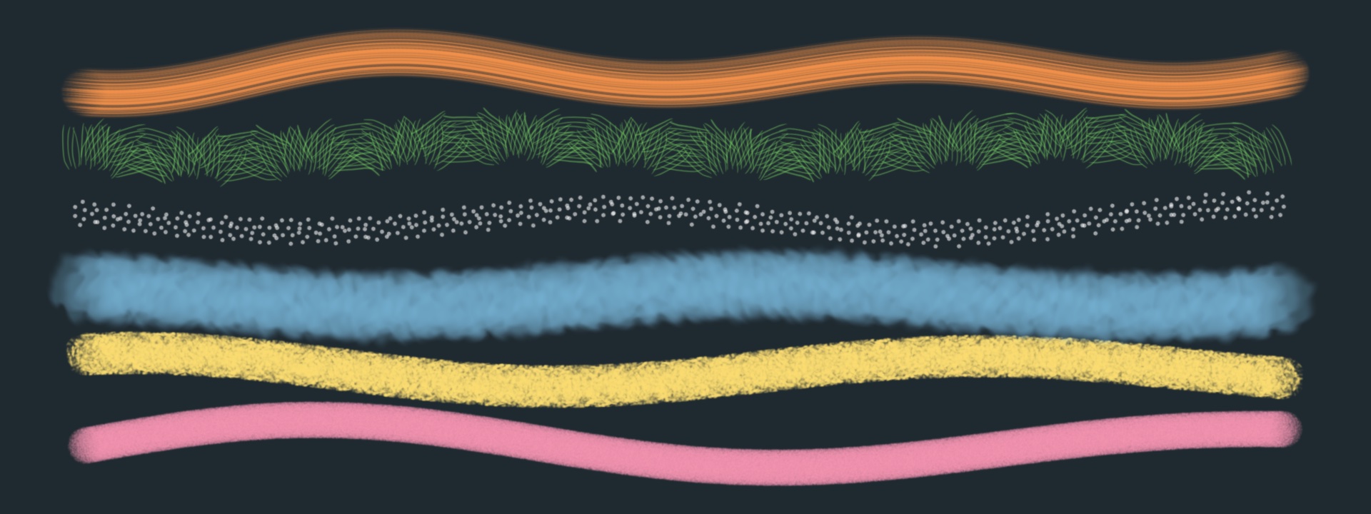 Six painted strokes on a dark background, each in a different original Brushes brush: bristles, grass, dots, watercolour, bristly and smooth