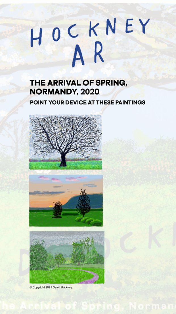 Hockney AR opening screen: three of the paintings the app recognises, under the words 'point your device at these paintings'