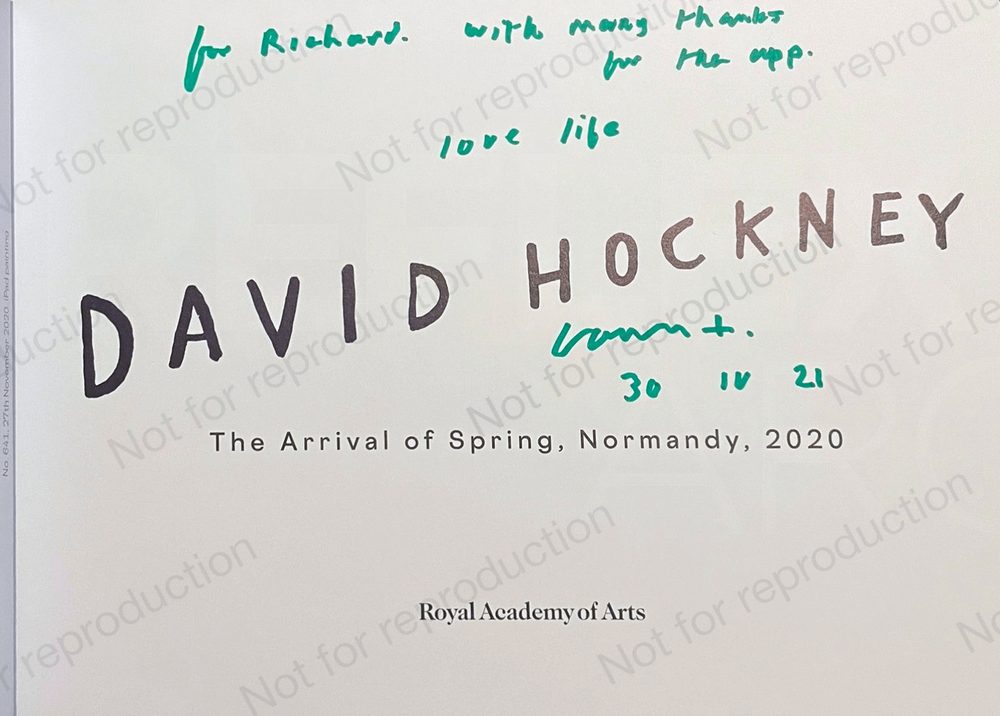 Title page of the Royal Academy catalogue, with a note to Richard: with many thanks for the app. Love life.