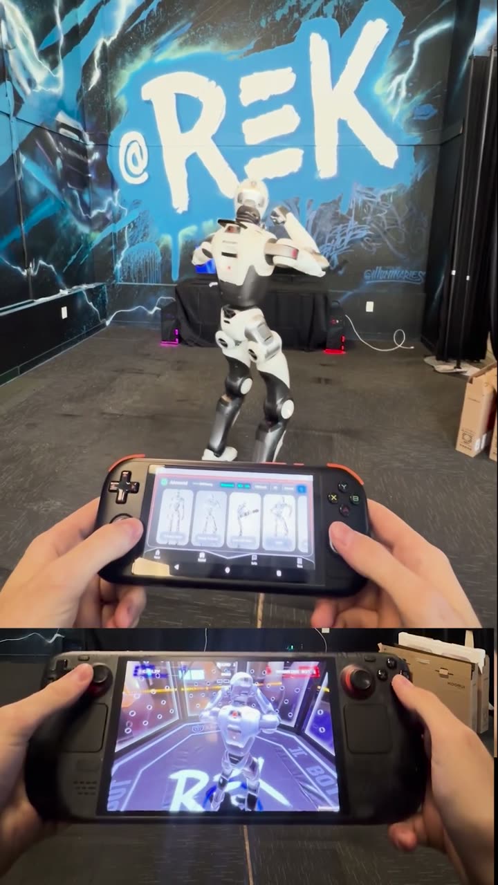 A REK robot driven from a handheld controller, and REK Sim on a Steam Deck