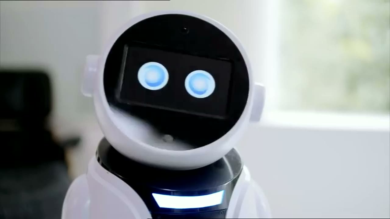 Jess, the robot from The Robot Will See You Now, with her blue eyes on screen
