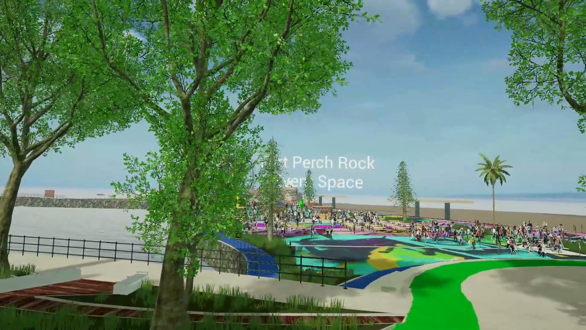 A park with trees beside the Fort Perch Rock event space, busy with people