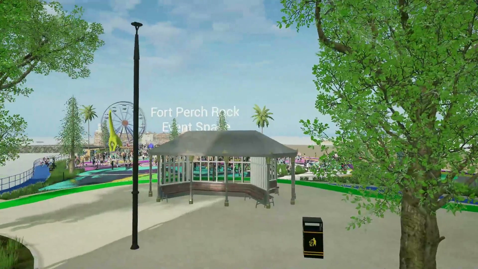 A seafront shelter with a Ferris wheel and palm trees beyond