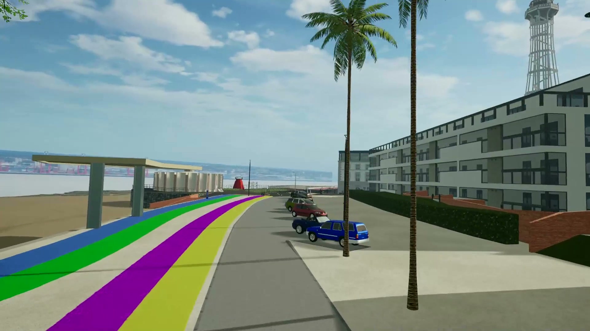 The virtual New Brighton promenade: a rainbow cycle path along the seafront, with palm trees, apartments and the tower beyond