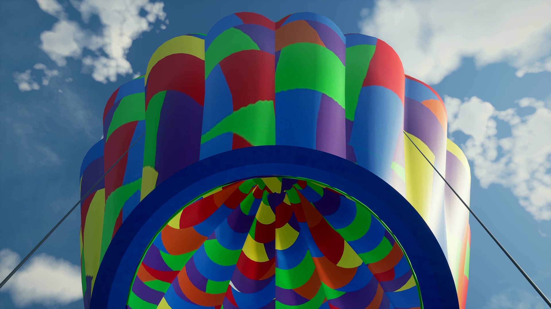 Looking up into the colourful canopy and burners of the virtual hot-air balloon above Shirebrook